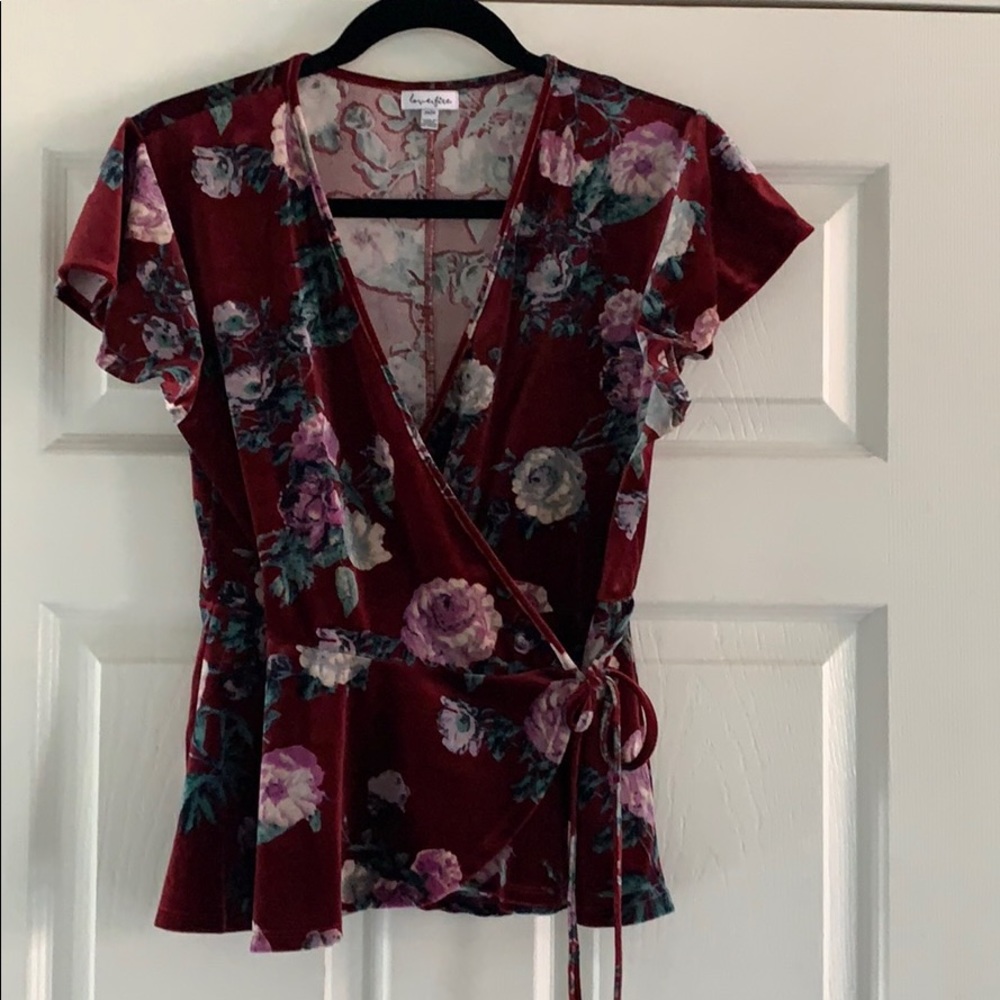 Velvet floral peplum wrap top